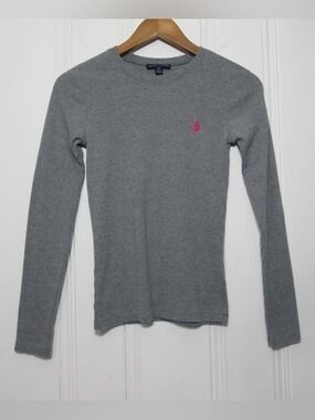 Ralph Lauren Gray Long Sleeve Tee With Pink Pony Logo Size Small